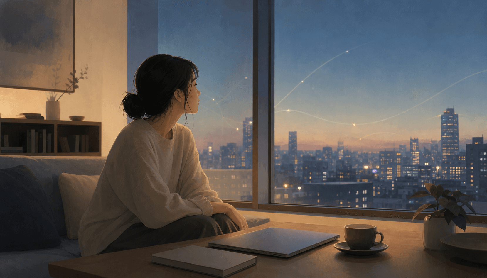 傍晚城市窗邊的女性看著窗外思考 AI 股投資焦慮，桌上有筆記本與筆電的清新藝術插畫
