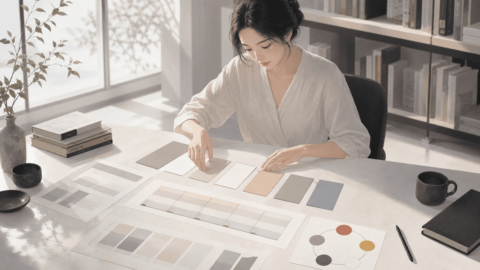 清爽書桌上有命盤、年度資料與鉛筆，一位成年女性整理八字流年閱讀順序的插畫