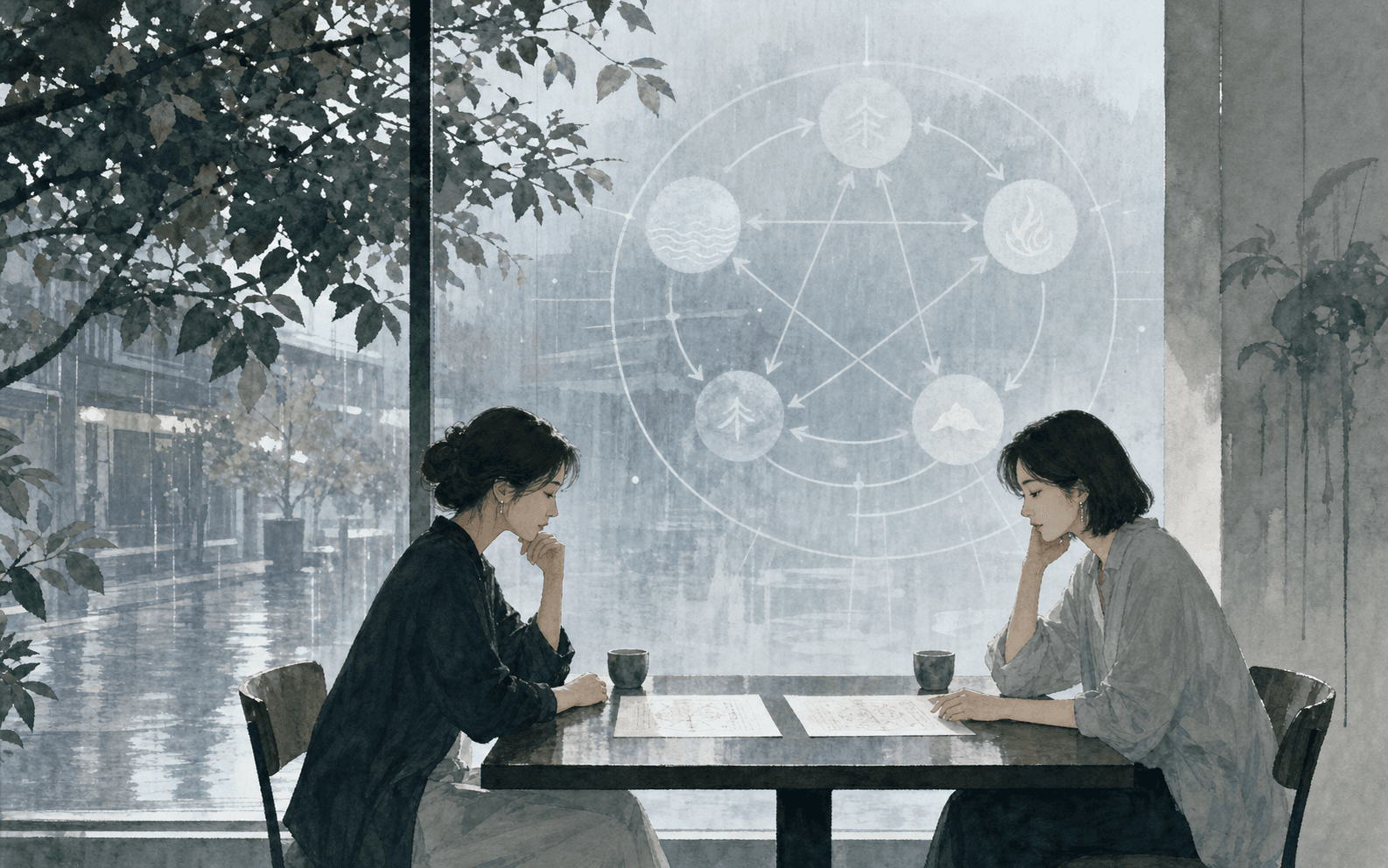 清晨冷白光中兩位成年女性朋友在窗邊對照兩份命盤紙張，背景有淡淡五行流線，呈現八字合婚與關係互動分析的插畫情境