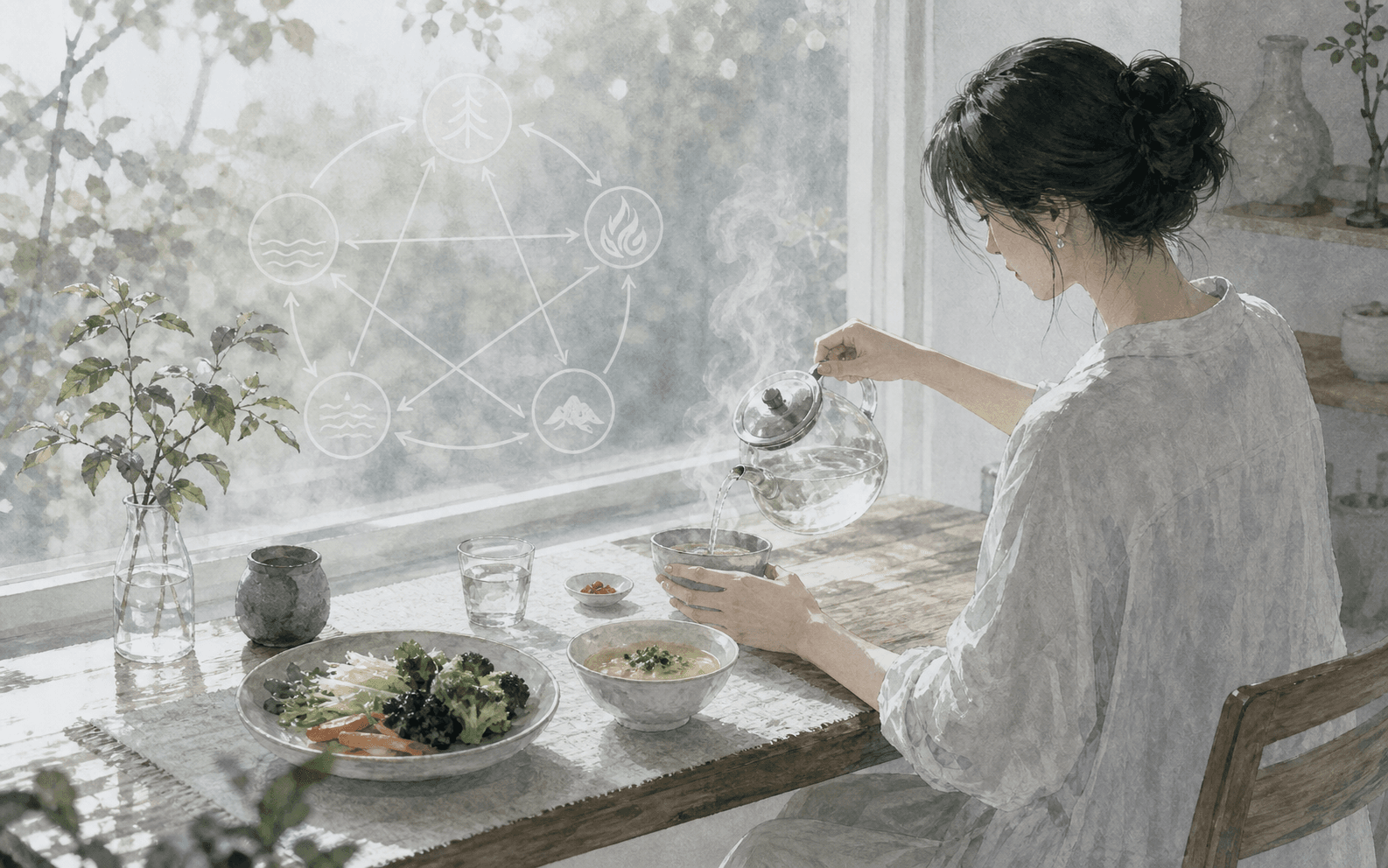清晨柔白光中成年女性在窗邊準備溫水與簡單早餐，桌面有淡淡五行流線，呈現八字健康與身心狀態的插畫情境