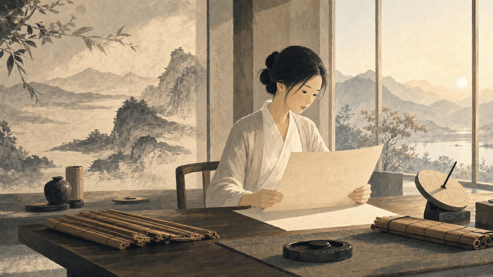 古代書房與現代玻璃窗交疊的插畫，桌上有空白命盤、曆書與清晨光影，無文字