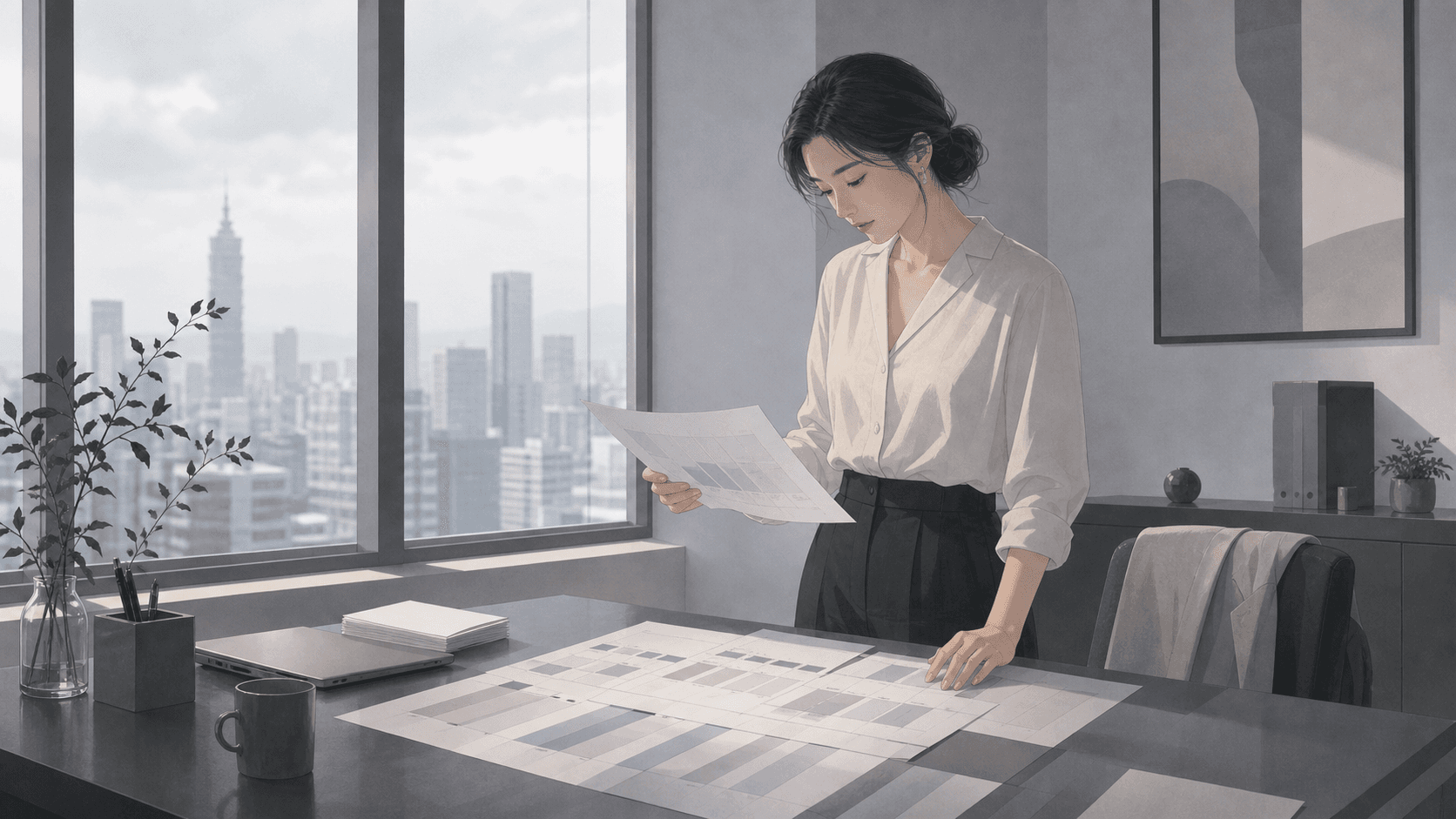 清晨辦公桌旁，一位成年女性閱讀工作流年命盤資料，背景有城市與柔和光線的現代插畫