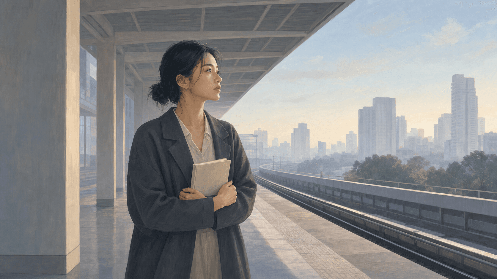 清晨城市月台旁，成年女性拿著素面筆記本看向遠方，呈現轉職時機與職涯選擇的插畫情境