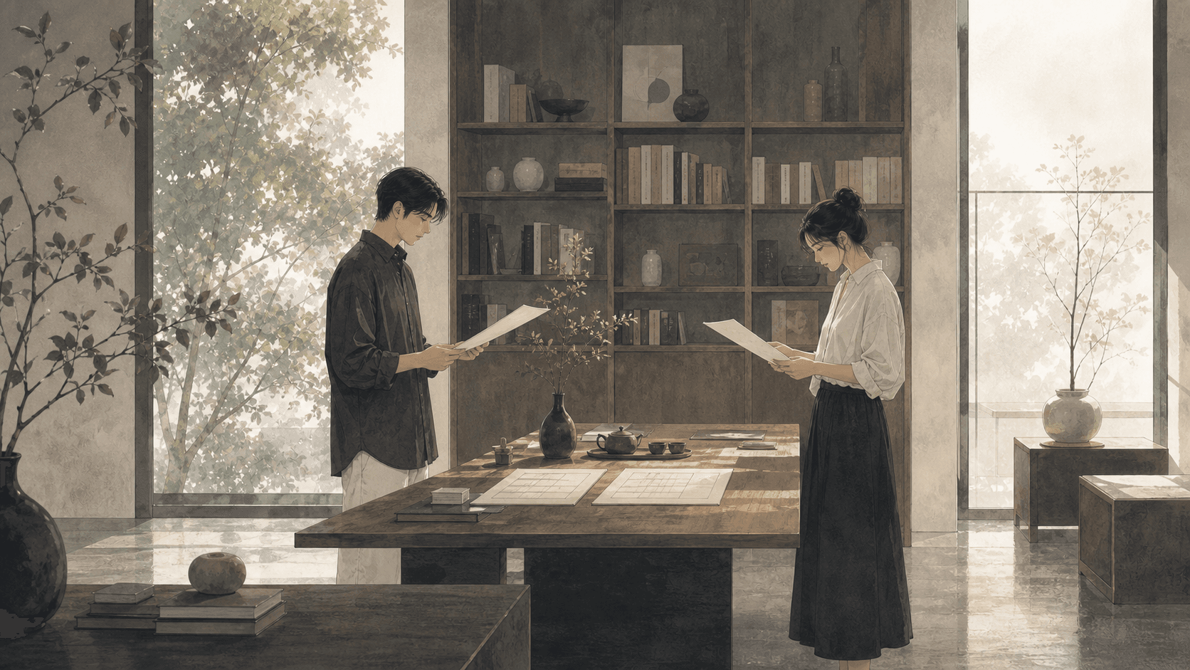 黃昏河岸旁，兩個人並肩走在橋上，遠景柔和，畫面帶有低飽和東方色調，無文字