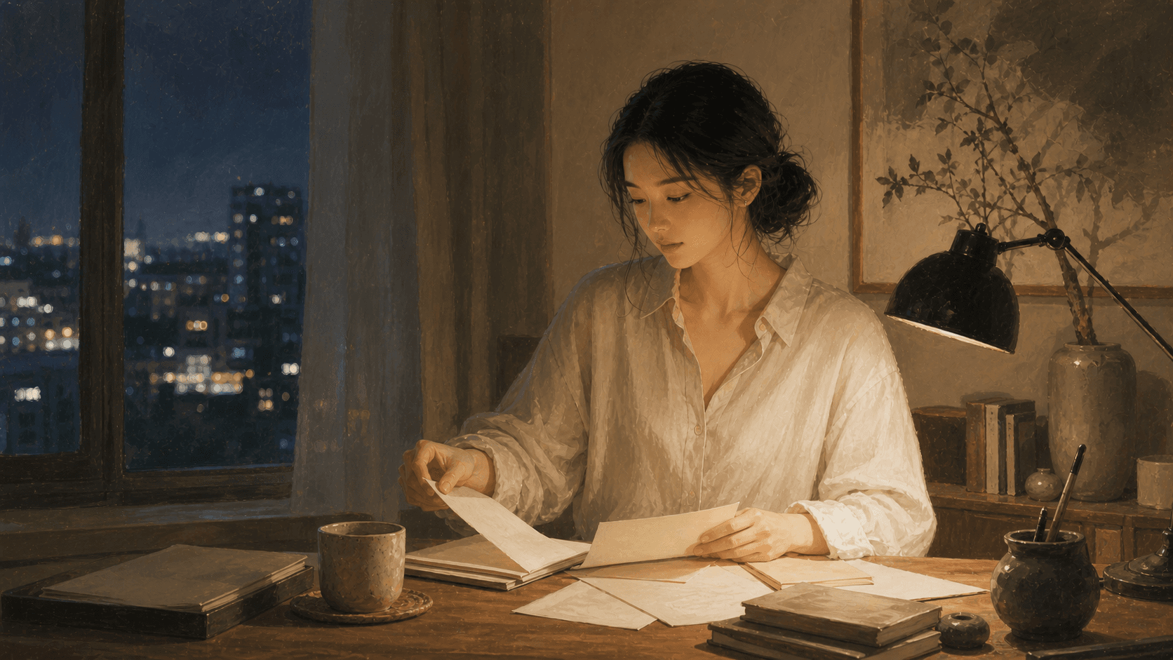 夜晚溫暖書房中成年女性在桌前整理空白手稿，窗外有城市燈光，呈現丁火日主 2026 丙午流年的人際、表達與身心狀態插畫