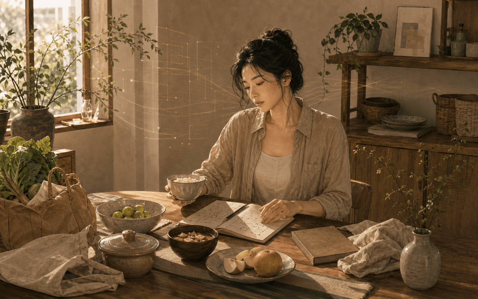 清新藝術插畫，成年女性在生活場景中整理作息、身體照顧與壓力節奏，呈現土氣失衡時的身心觀察