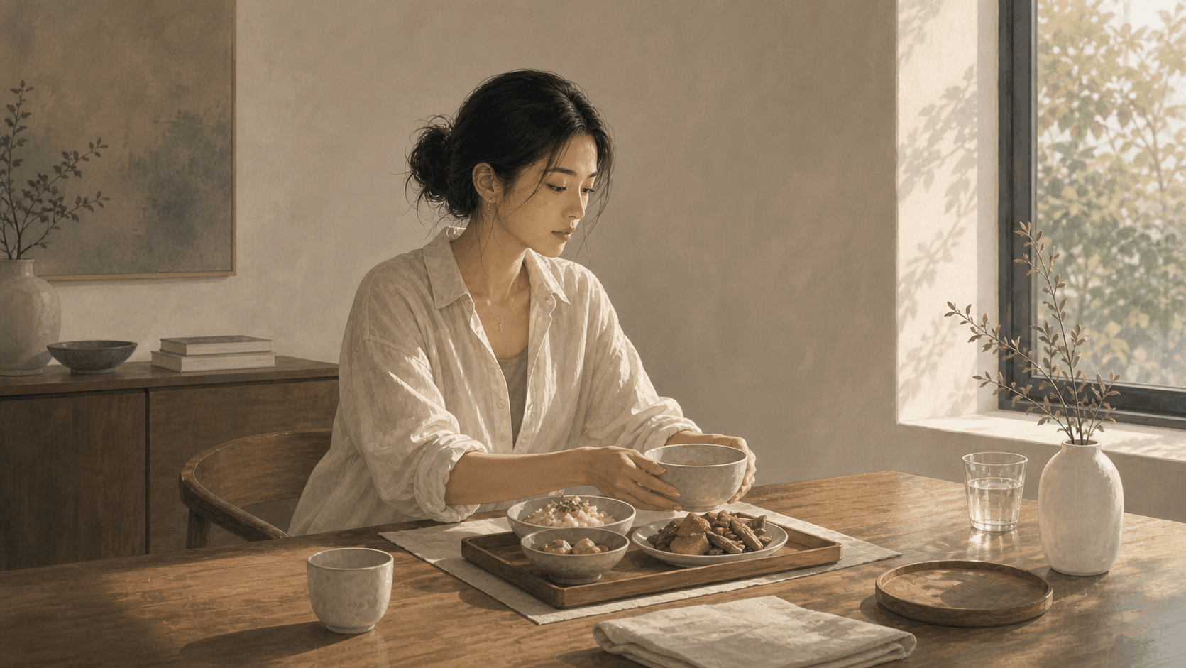 午後安靜餐桌旁，成年女性整理簡單餐點與生活用品，呈現五行土弱的穩定感、消化與生活秩序