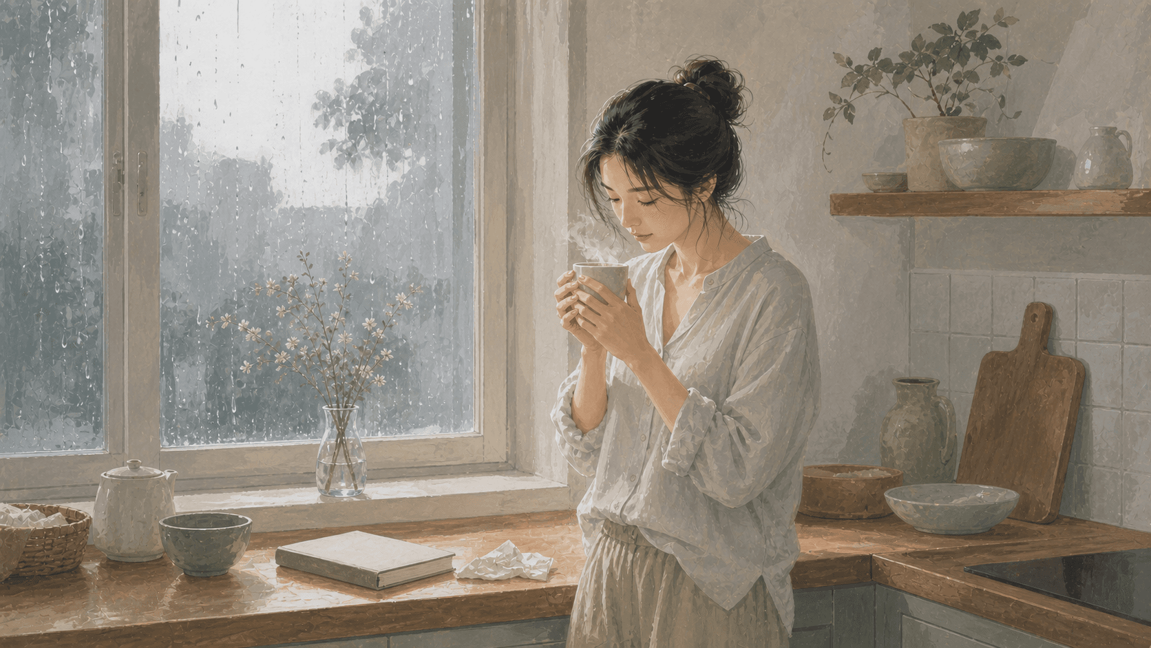雨後清晨廚房裡成年女性站在窗邊握著溫熱茶杯，桌上有空白紙巾與花瓶，呈現情緒壓抑、麻木與疲憊的插畫情境