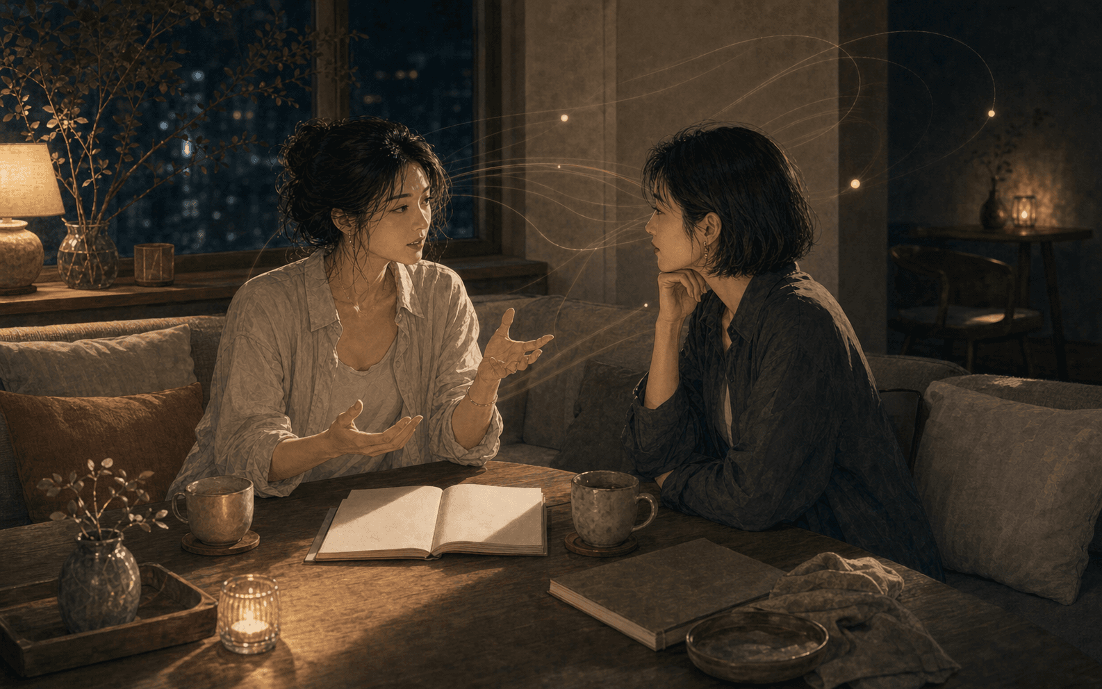 安靜現代生活場景中成年女性面對手機訊息與筆記，呈現情緒價值、關係界線與自我照顧