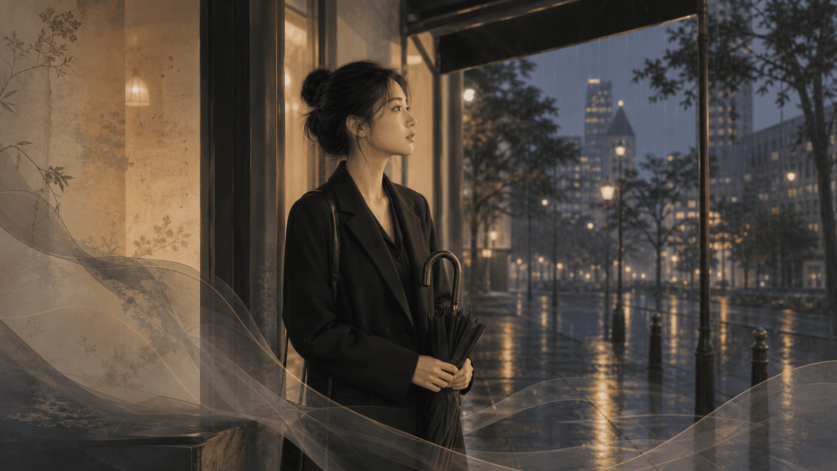 雨後城市街邊女性拿著雨傘站在暖光窗前，呈現女命官殺感情、承諾與安全感的現代插畫