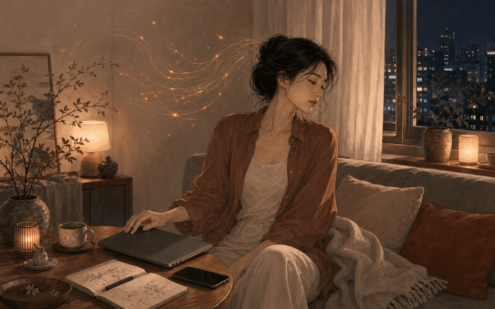 清新藝術插畫，成年女性在生活場景中整理作息、身體照顧與壓力節奏，呈現火氣失衡時的身心觀察