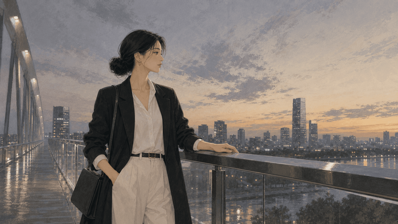 傍晚城市橋邊，成年女性穿著黑白簡潔外套看向遠方，呈現庚金人在感情裡重視直接、分寸與安全感的插畫情境