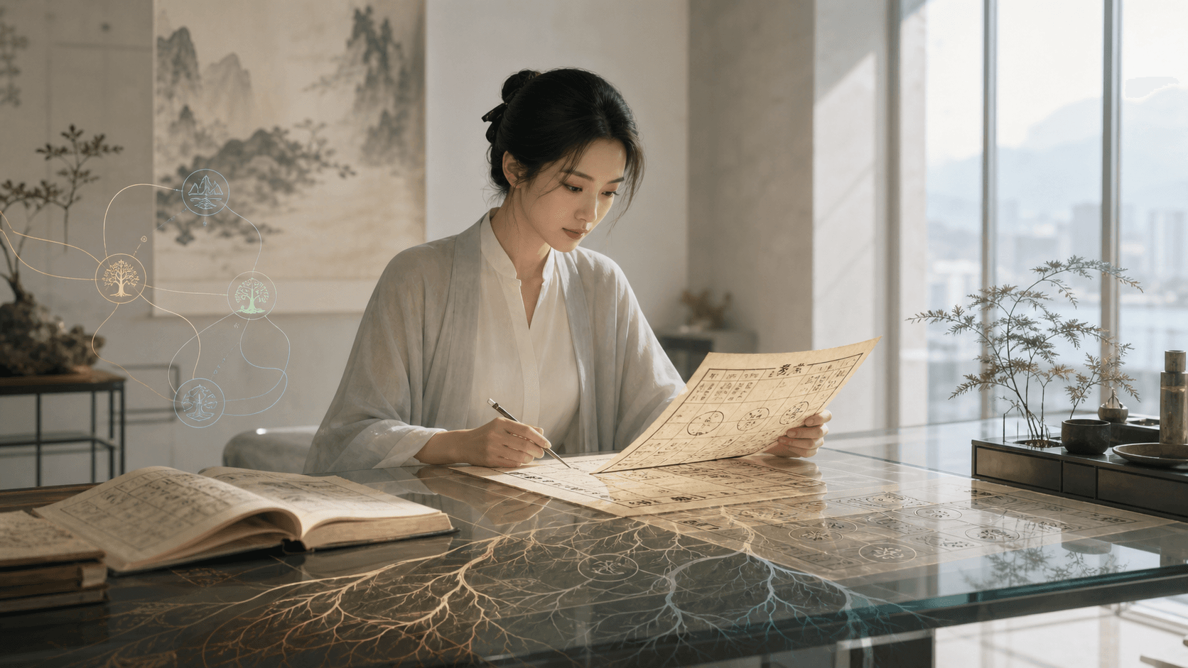 成年女性在現代玻璃書房閱讀八字古籍，桌面下方有淡淡根系與五行流線，呈現藏干是命盤內層資料的插畫情境