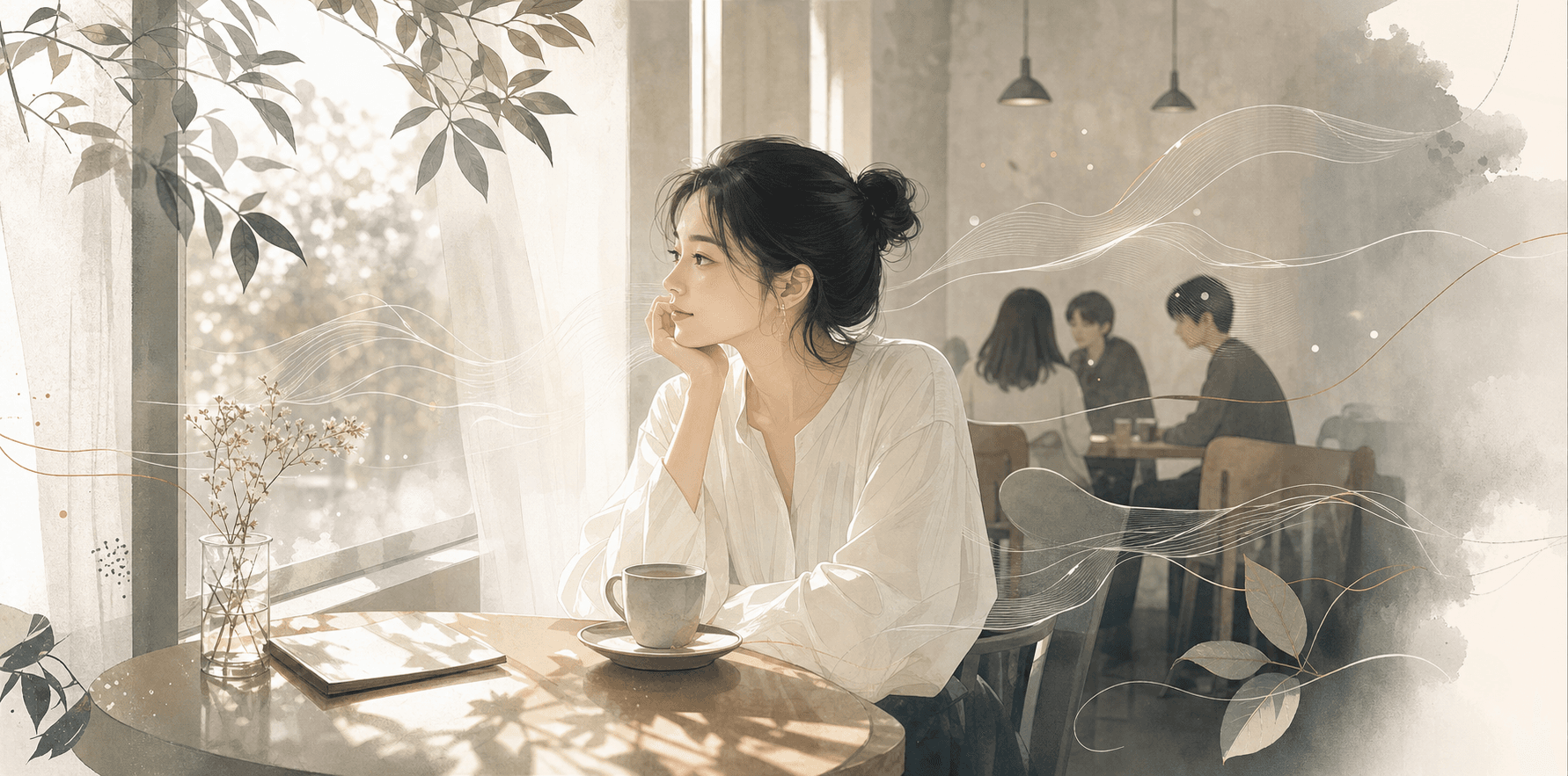 坐在咖啡廳窗邊的女生，周圍有柔和光線與感官流線，呈現高敏感人格的插畫情境