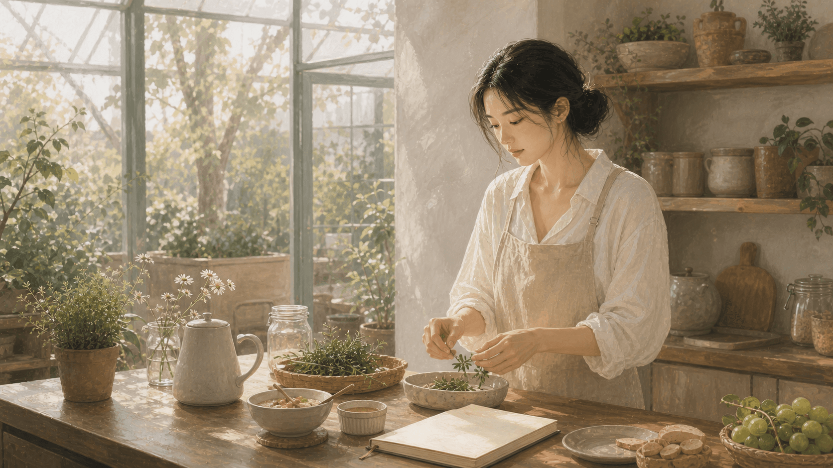 清晨溫室廚房裡成年女性整理香草植物、早餐與空白筆記，呈現己土日主 2026 丙午流年的學習、照顧與生活狀態插畫