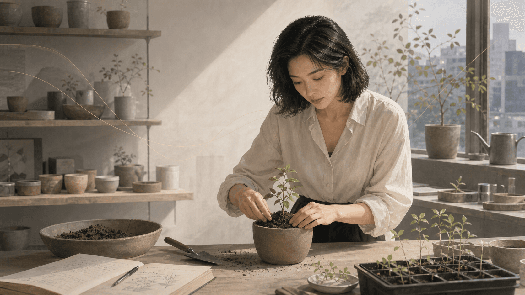 午後小型植物工作室裡成年女性整理土壤與植栽筆記，柔和自然光呈現己土日主細膩照顧與培養感的插畫情境