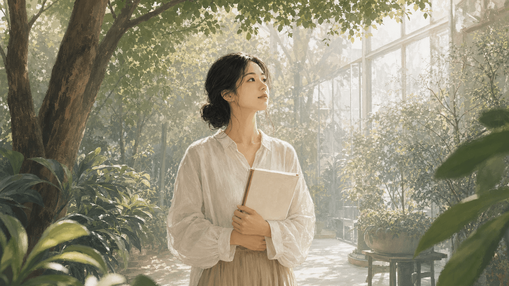 清晨城市植物園裡成年女性站在高大樹影旁閱讀空白筆記，呈現甲木日主 2026 丙午流年的生長、表達與節奏插畫