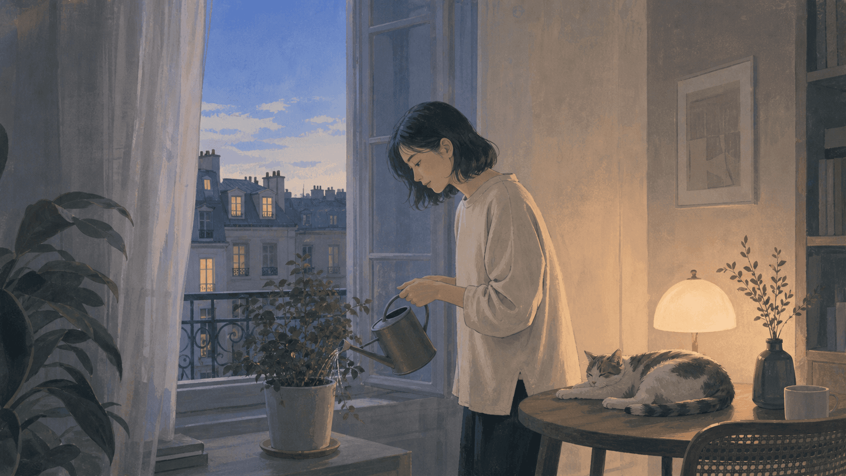 傍晚室內窗邊成年女性替盆栽澆水，旁邊有貓與溫柔燈光，呈現低潮期自我照顧與生活感恢復的插畫