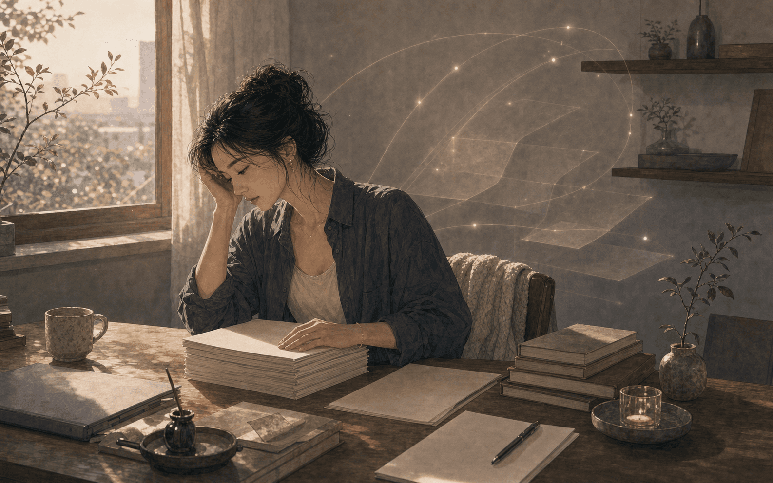 清晨書桌旁成年女性把手放在一疊空白文件上，窗外微光照進房間，呈現努力後仍覺得自己不夠好的疲憊感