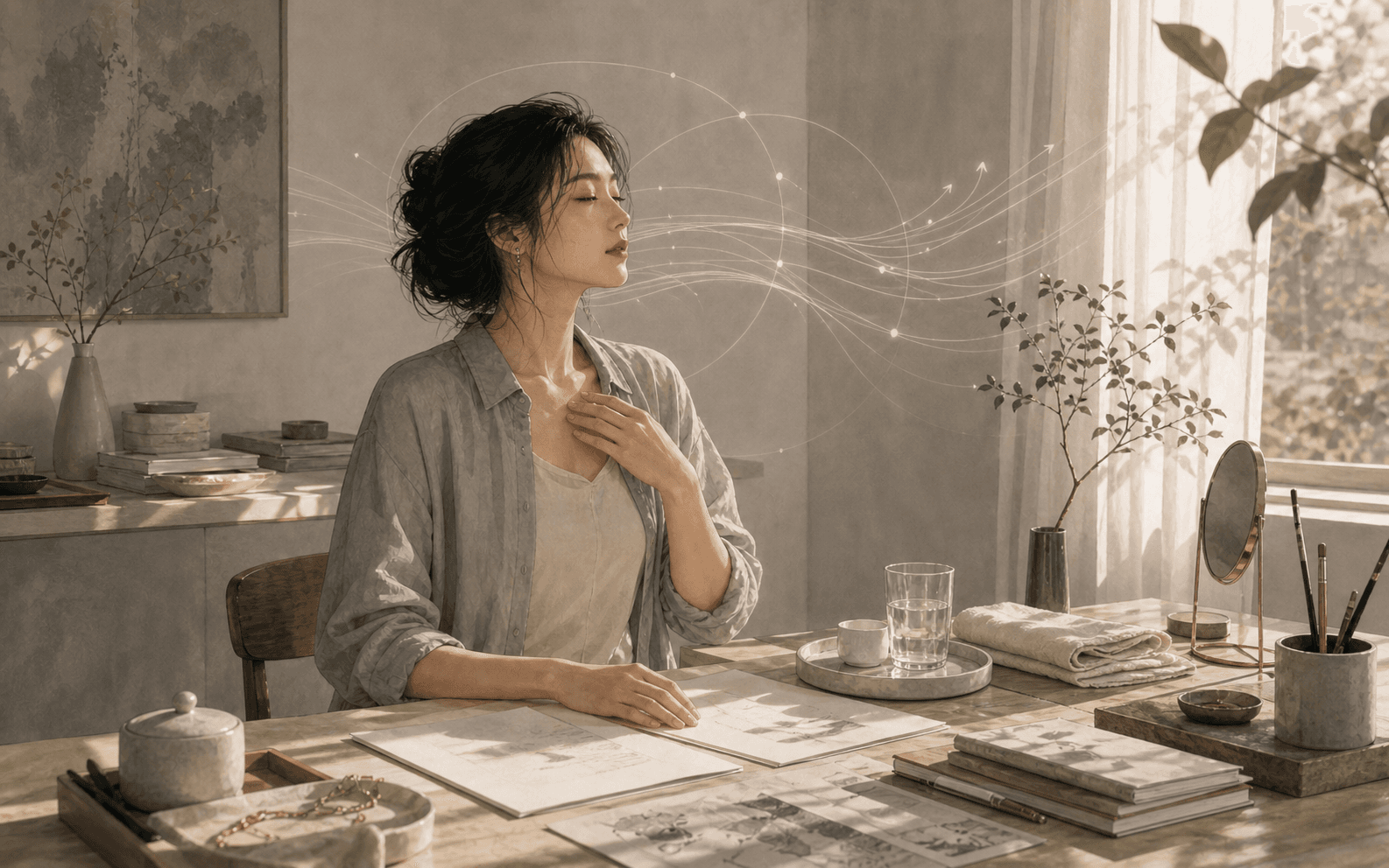清新藝術插畫，成年女性在生活場景中整理作息、身體照顧與壓力節奏，呈現金氣失衡時的身心觀察