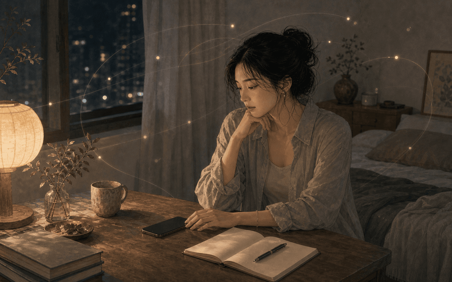 夜晚房間裡短髮成年女性把手機反放在桌上，旁邊有空白筆記與柔和燈光，呈現訊息晚回時的確認感與安全感