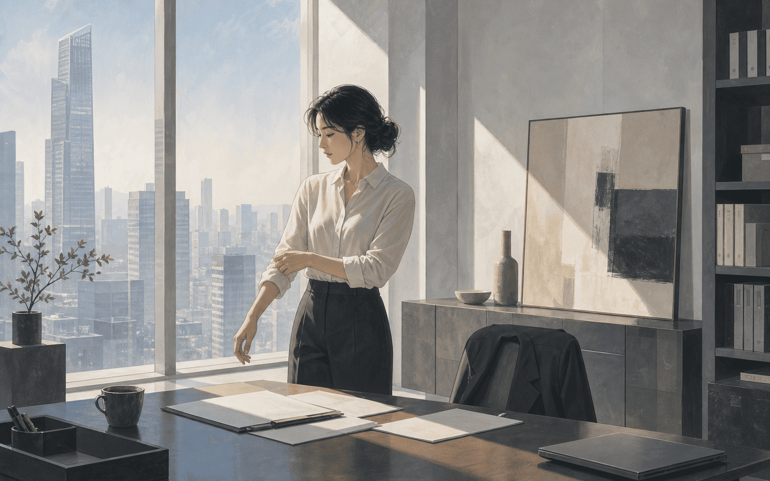 清晨現代辦公室中成年女性站在窗邊整理空白文件與外套，光線冷靜明亮，呈現官殺重、管理職與職涯責任的插畫情境