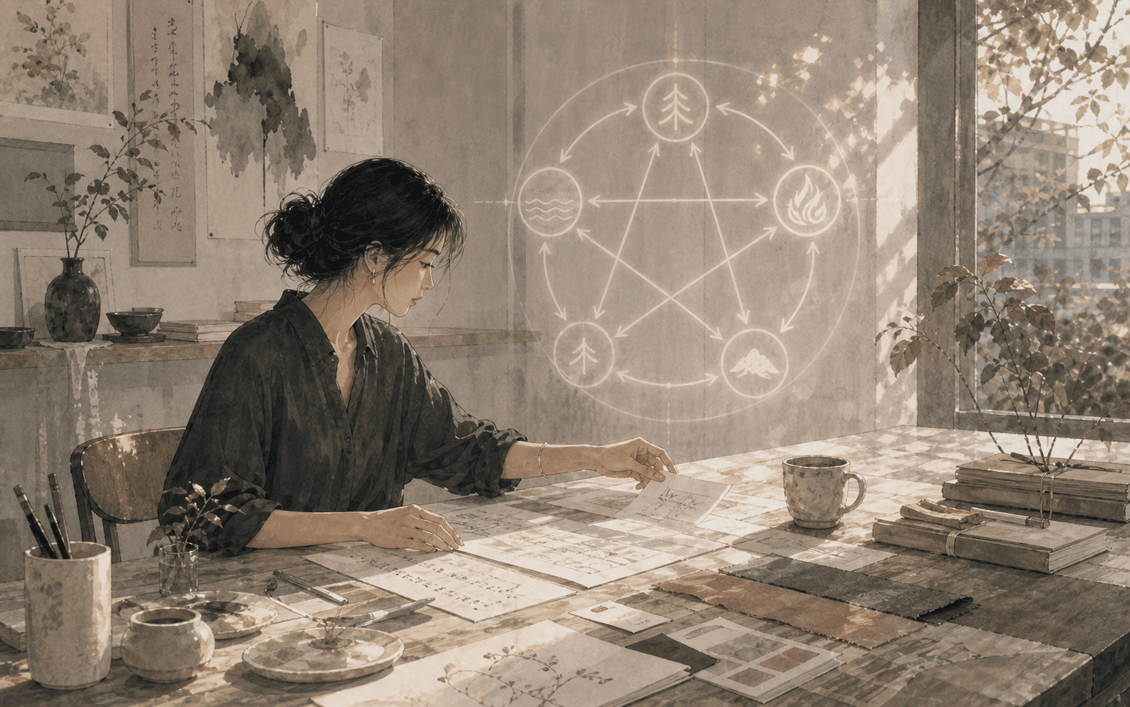 午後創作工作室中成年女性整理手稿與畫紙，窗光中有淡淡五行線條，呈現食神傷官與創作輸出的插畫情境