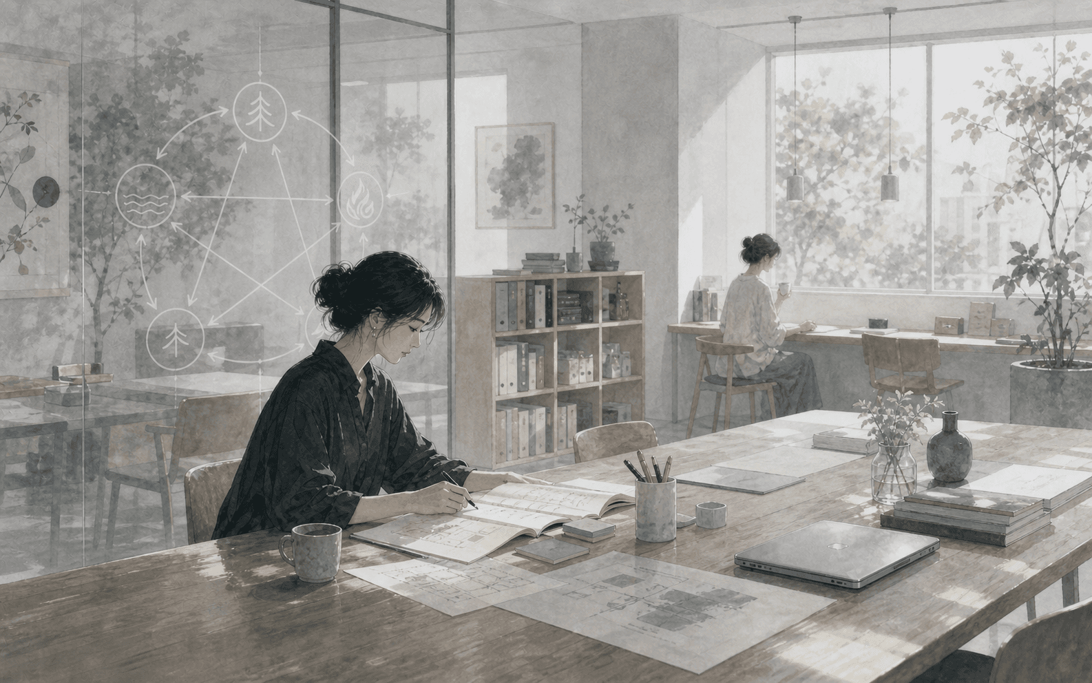 清晨共享工作空間中成年女性與另一位女性遠距協作，桌上有淡淡五行線條，呈現比肩劫財與合作界線的插畫情境