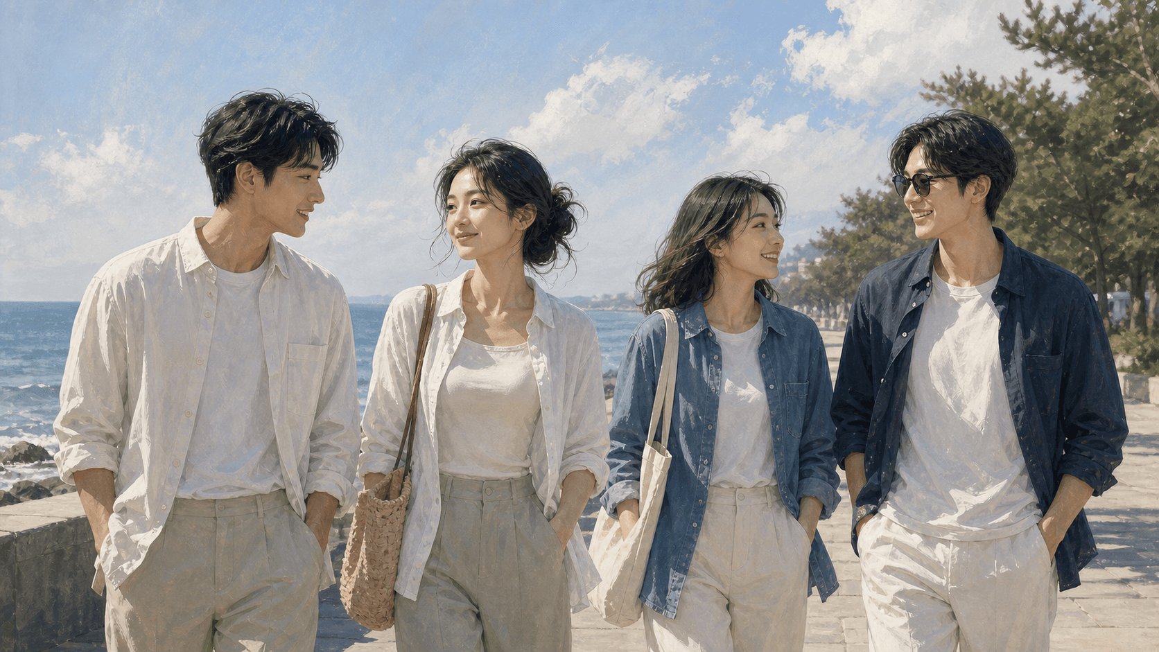 週末海邊步道上，成年女性與伴侶、朋友同行，彼此保持自然距離，呈現比劫感情與關係界線