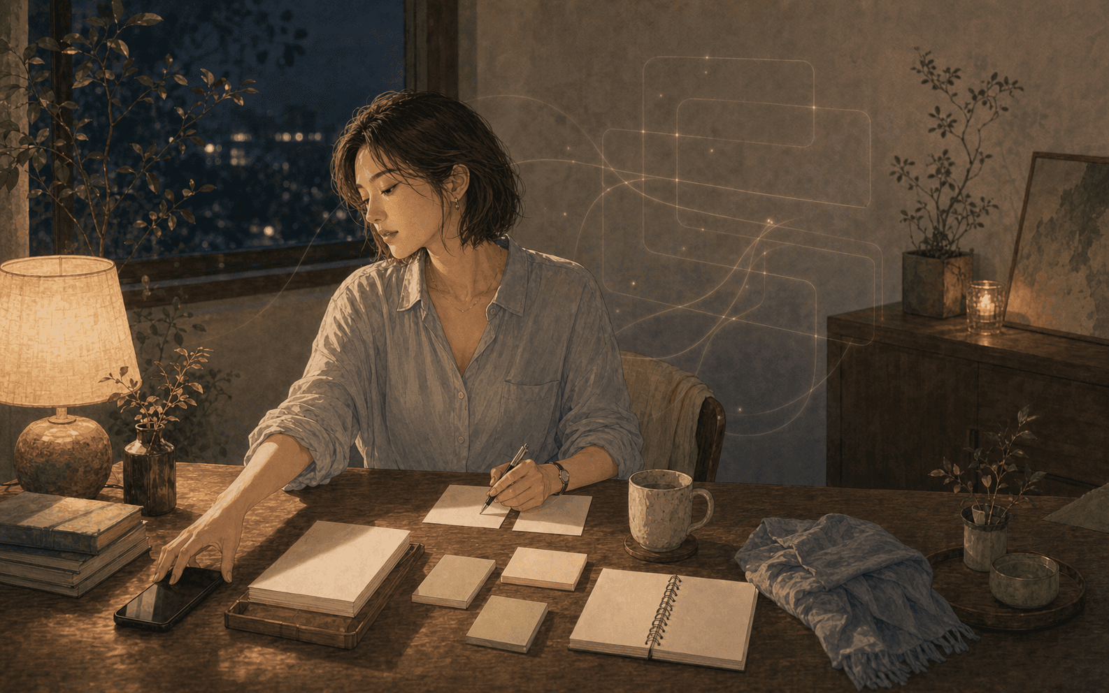 安靜現代生活場景中成年女性面對手機訊息與筆記，呈現邊界練習、關係界線與自我照顧