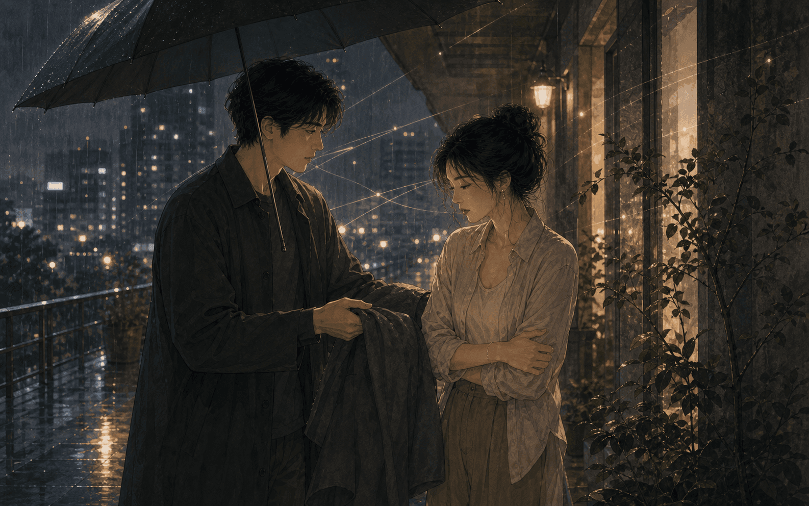 柔和現代生活場景中成年女性與伴侶安靜互動，呈現七殺在八字感情裡的張力、保護感、吸引力、壓力與防衛心