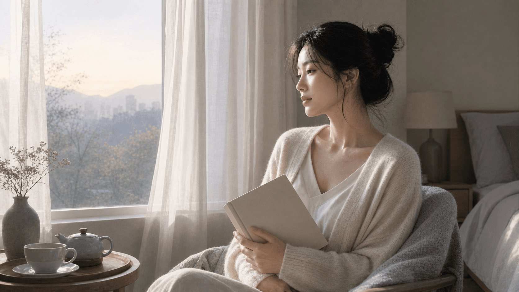 清晨安靜臥室窗邊，成年女性披著薄外套閱讀空白書冊，旁邊有一杯茶，呈現印星感情與安全感