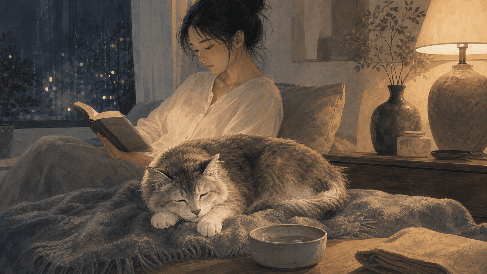 夜晚柔光的房間裡，一位女性坐在老狗旁邊，桌上有水碗與柔軟毯子，畫面安靜無文字