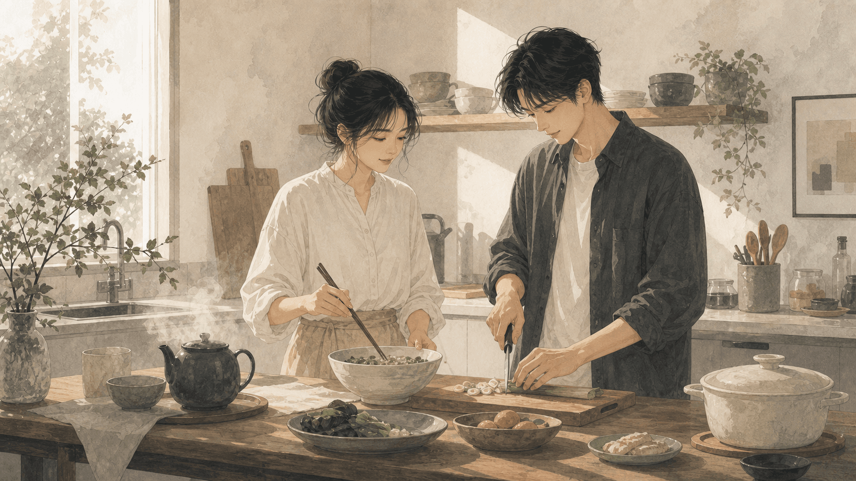 午後廚房窗邊，成年女性和伴侶一起準備簡單餐點，呈現食神感情、陪伴感與生活感