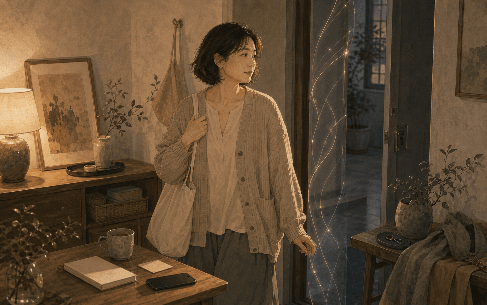 安靜現代生活場景中成年女性面對手機訊息與筆記，呈現心軟、關係界線與自我照顧