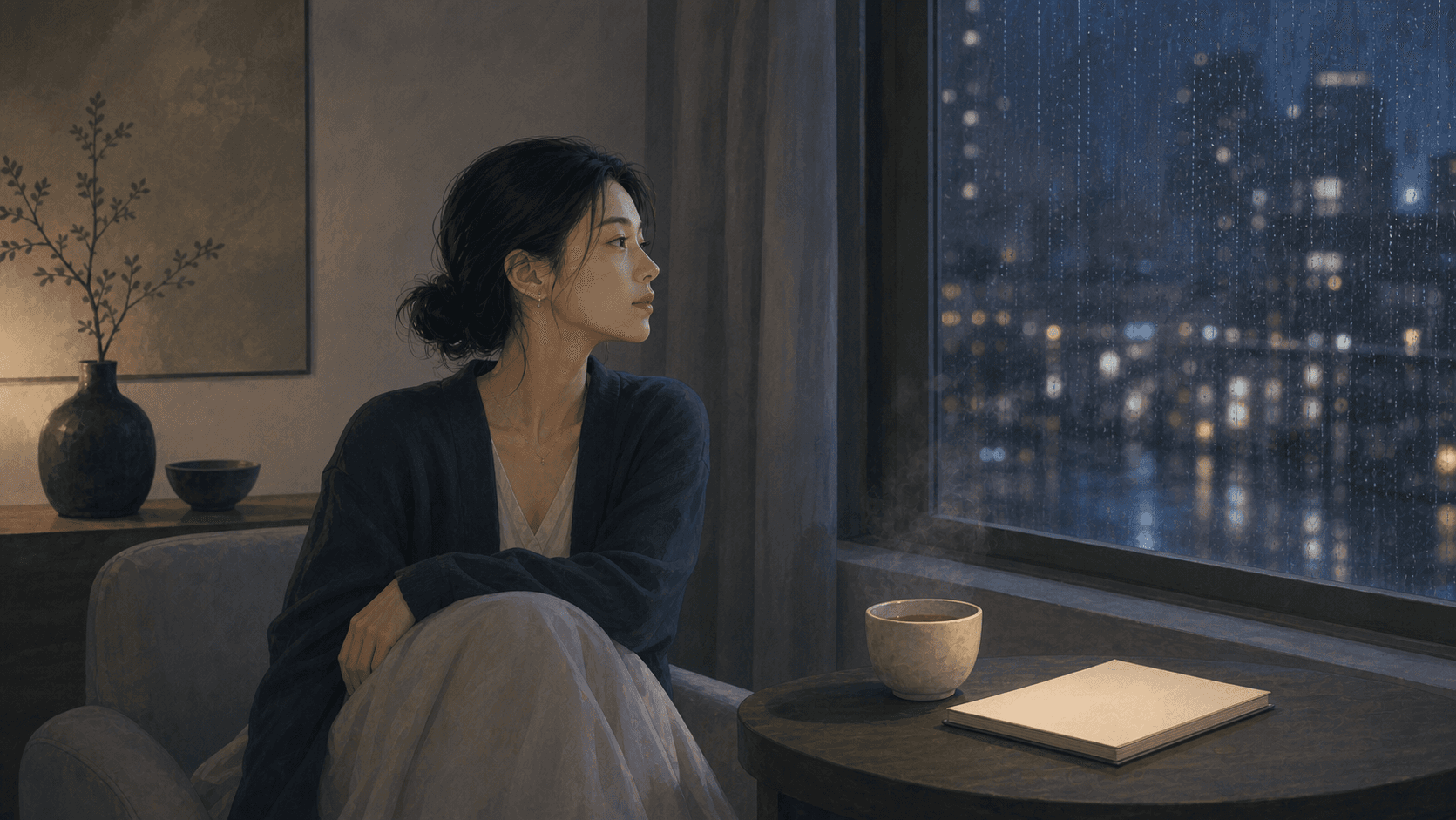 夜晚安靜房間裡，成年女性坐在窗邊看雨，桌上有溫水與素面筆記本，呈現五行水旺的思考、睡眠與情緒沉澱