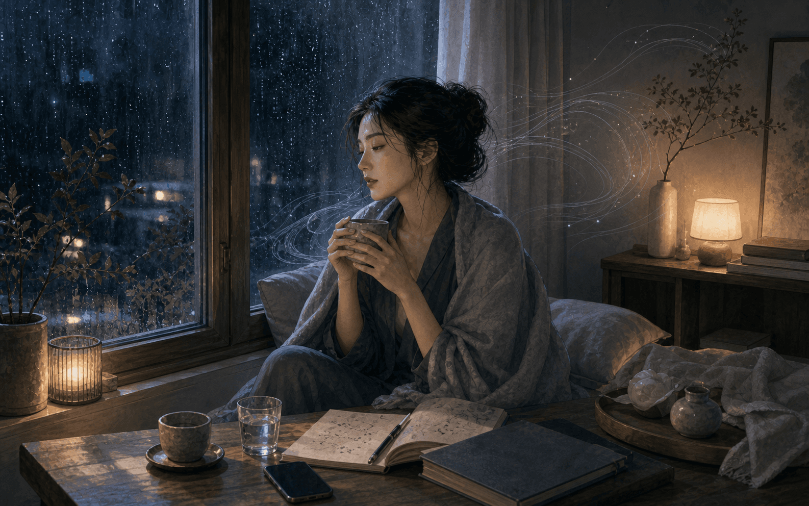 清新藝術插畫，成年女性在生活場景中整理作息、身體照顧與壓力節奏，呈現水氣失衡時的身心觀察