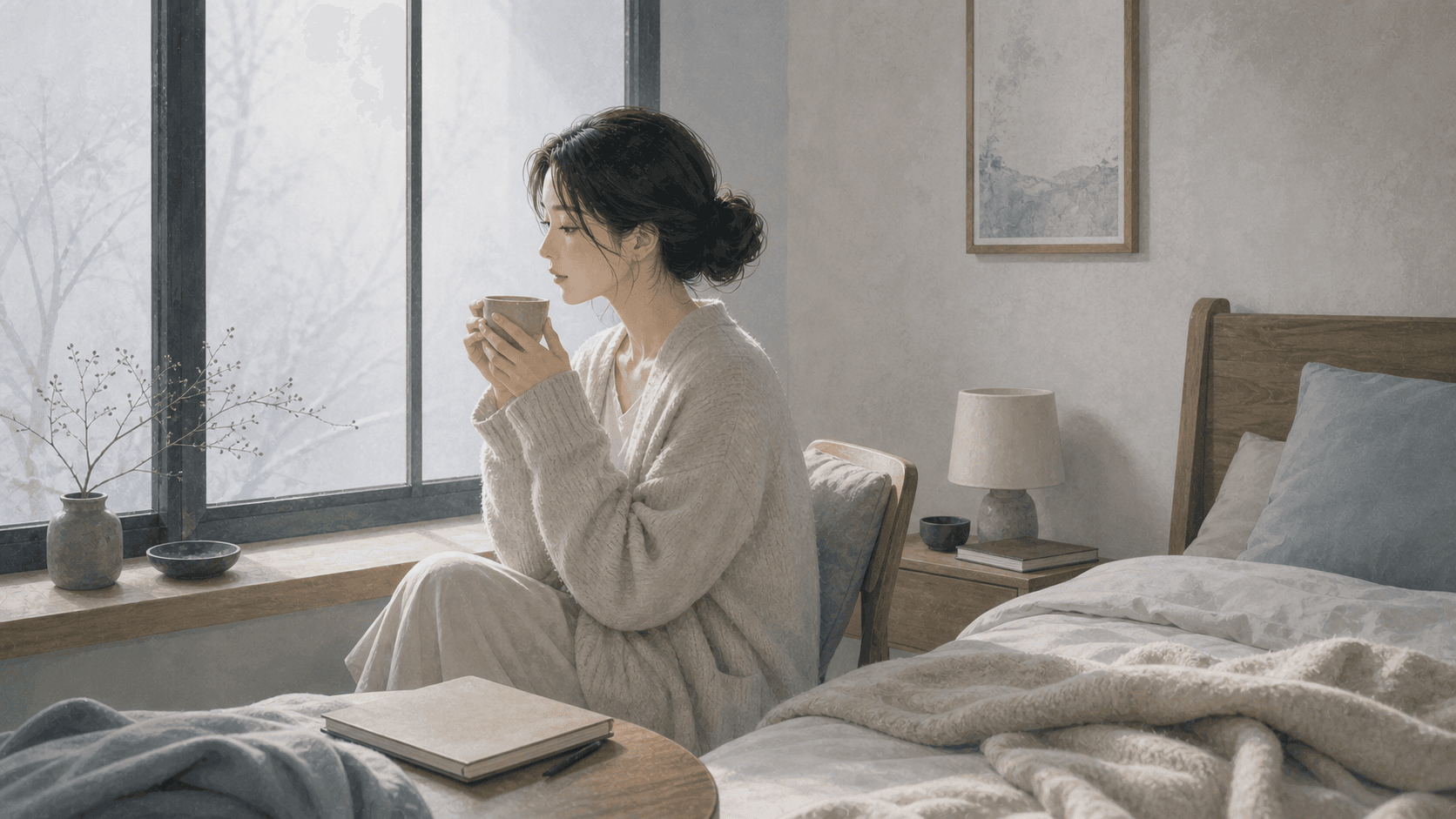 冬日清晨臥室窗邊，成年女性捧著溫熱茶杯看向窗外，呈現五行水弱的休息、安全感與日常調整插畫情境