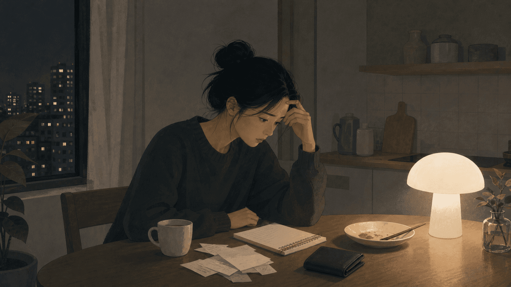 夜晚小公寓餐桌旁，一位女性看著筆記本與空白帳單，呈現財富焦慮與金錢安全感
