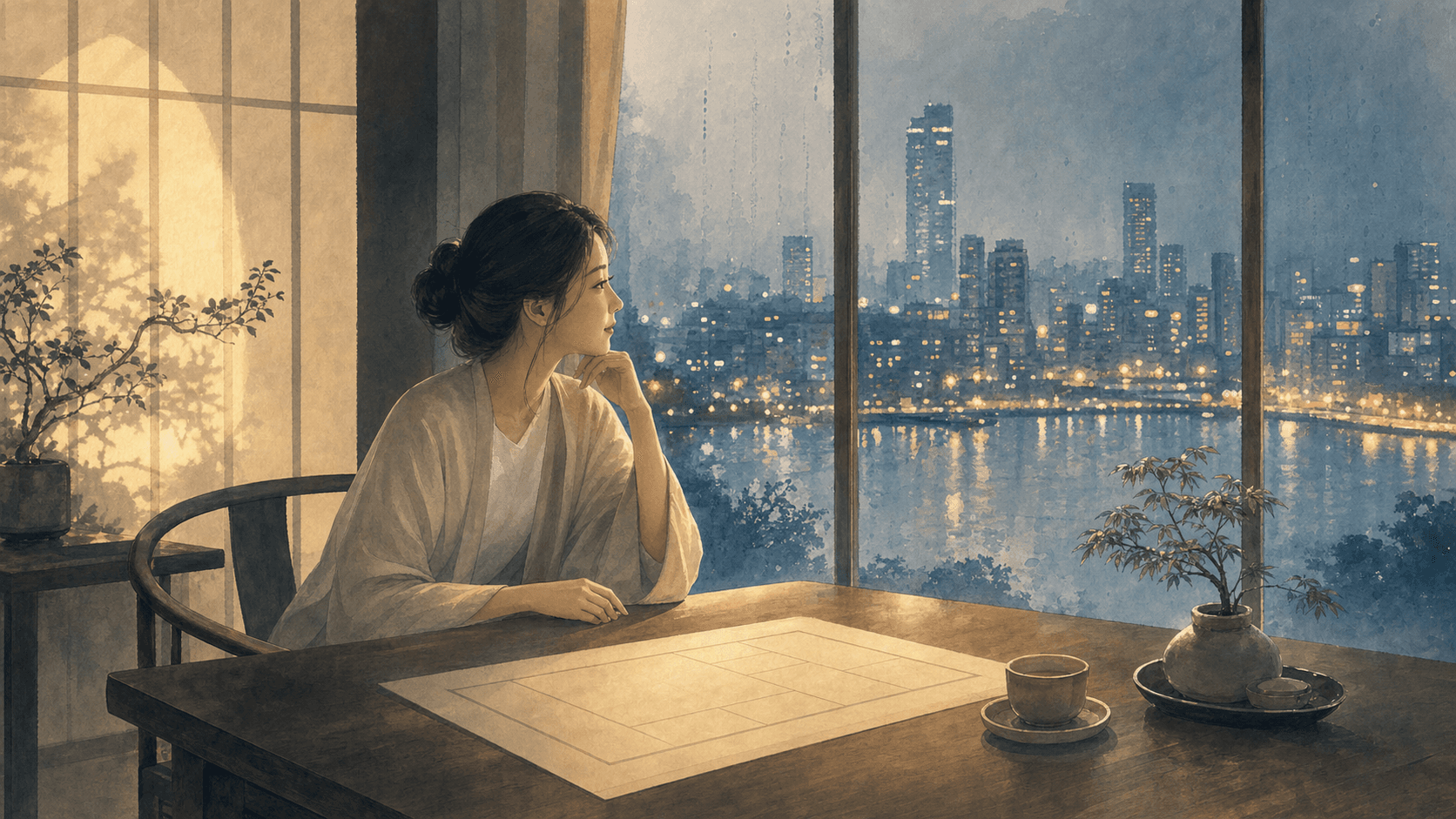 現代城市夜晚窗邊，一位女性看著桌上的命盤與柔和燈光，窗外有雨後街景，無文字