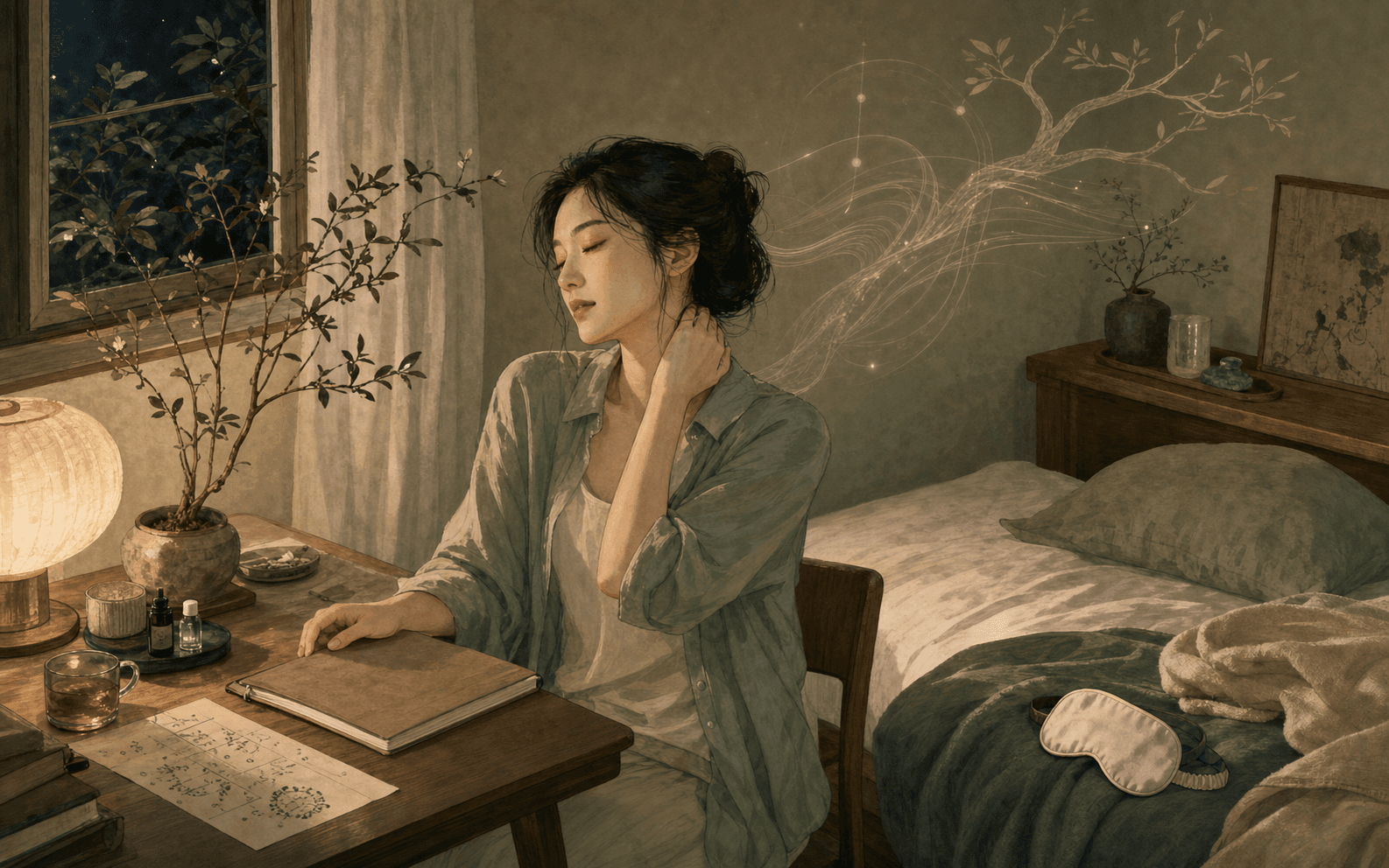 清新藝術插畫，成年女性在生活場景中整理作息、身體照顧與壓力節奏，呈現木氣失衡時的身心觀察