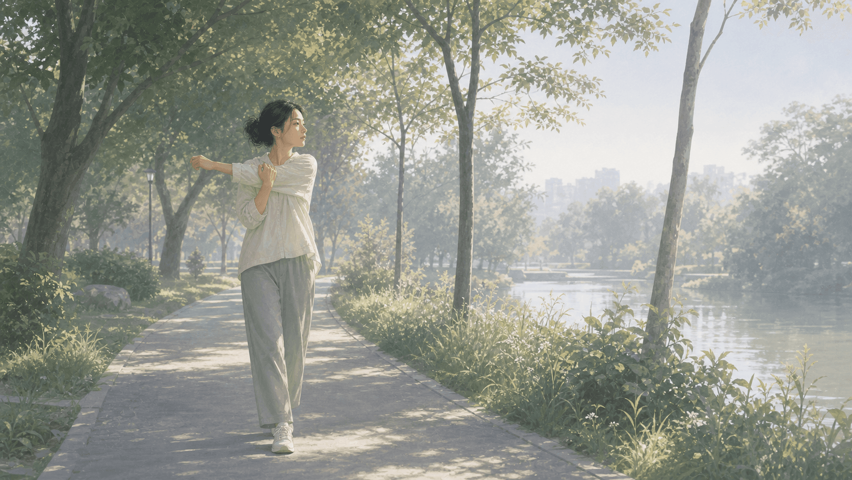 清晨公園小徑旁，成年女性慢慢散步伸展，呈現五行木弱的行動感、情緒舒展與生活方向