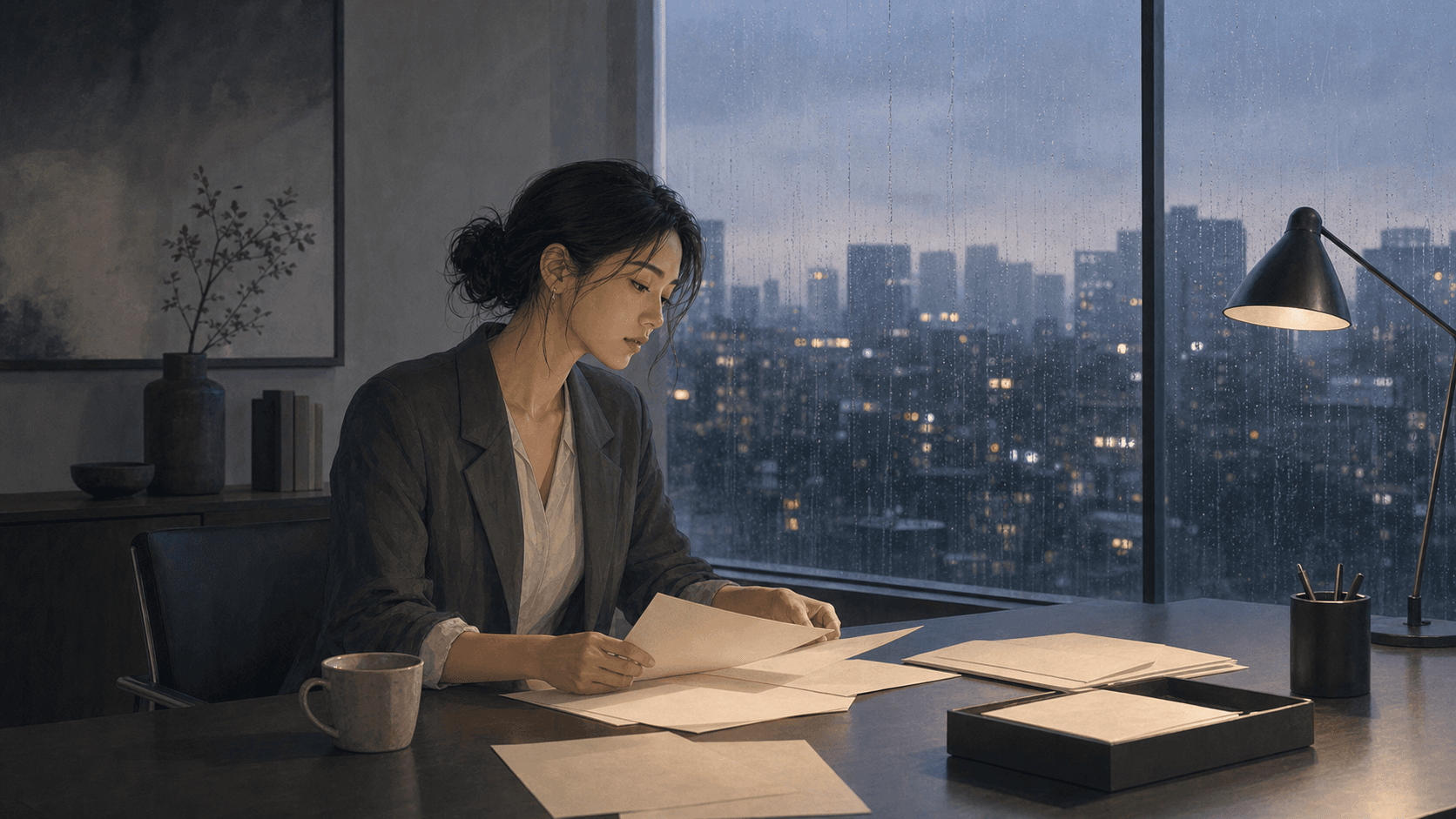雨天傍晚辦公室窗邊，成年女性安靜坐在桌前整理素面文件，呈現職場壓力與消耗來源的插畫情境