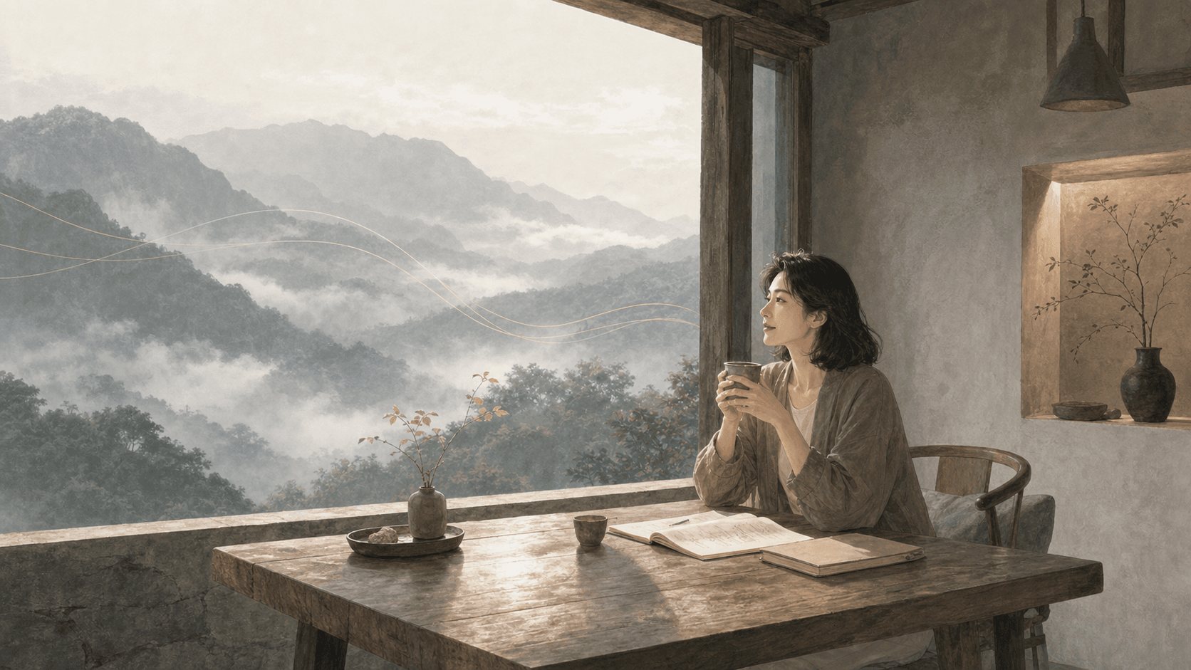 清晨山邊茶屋裡成年女性整理筆記與陶杯，窗外有霧氣與山形，呈現戊土日主承載與穩定感的插畫情境