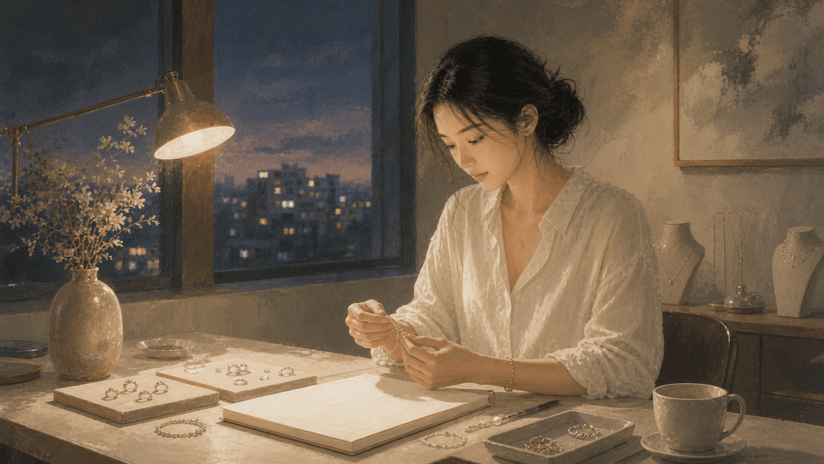 傍晚珠寶設計工作室中成年女性整理銀色飾件與空白稿紙，呈現辛金日主 2026 丙午流年的感情、職場與身心狀態插畫