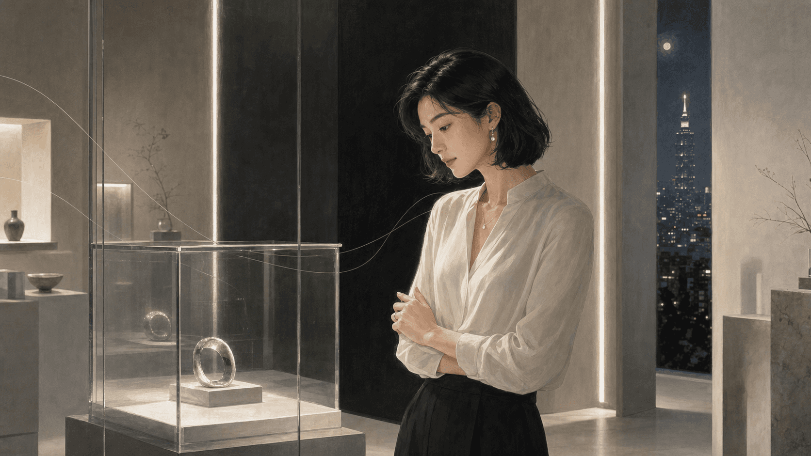 夜晚藝廊空間裡成年女性凝視銀色飾品與柔光展櫃，呈現辛金日主細緻審美與分寸感的插畫情境