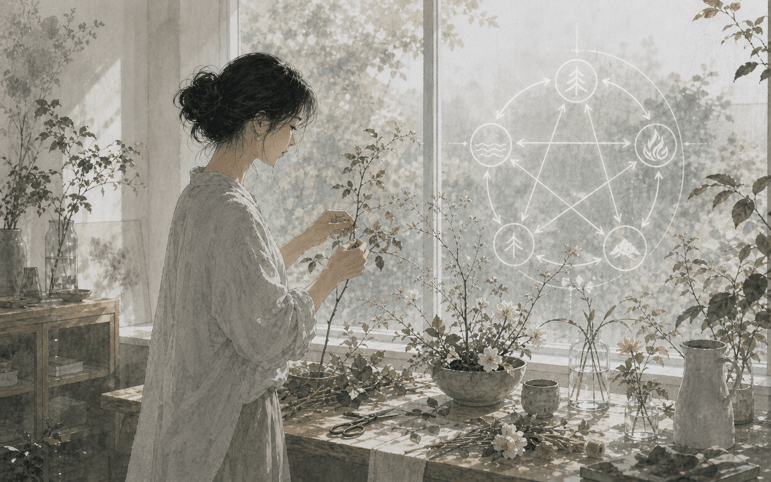 午後花藝工作室裡成年女性整理枝葉與花材，窗邊有淡淡五行線條，呈現乙木日主細膩與順勢生長的插畫情境