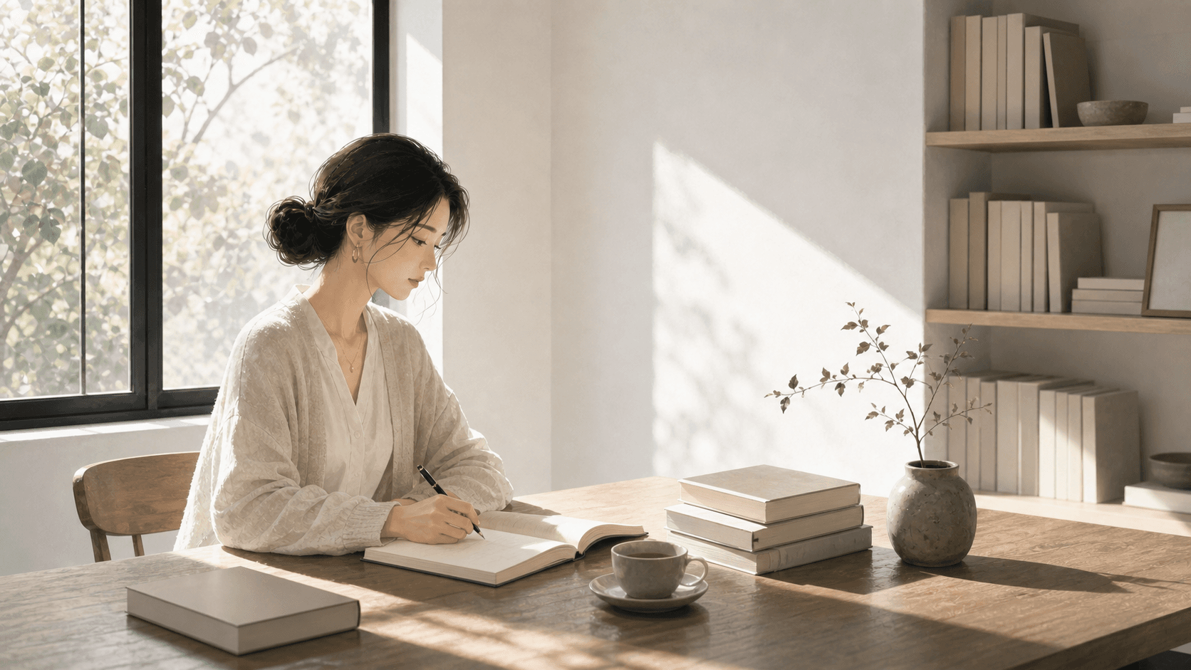 清晨圖書館窗邊，成年女性整理書本、筆記與茶杯，呈現正印的學習、安全感與支持力插畫情境