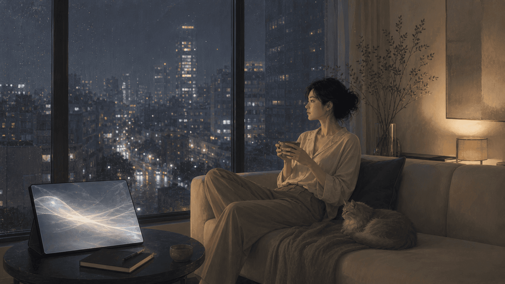 明室陪伴理念插圖:雨夜城市窗邊,女性與貓安靜坐著,旁邊有流動玻璃光影