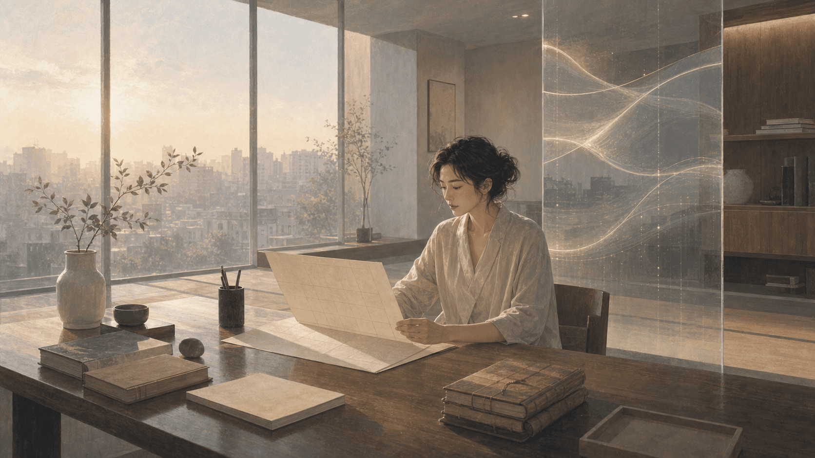 明室品牌理念插圖:清晨閱讀室中,女性閱讀命盤資料,旁邊有流動玻璃光影